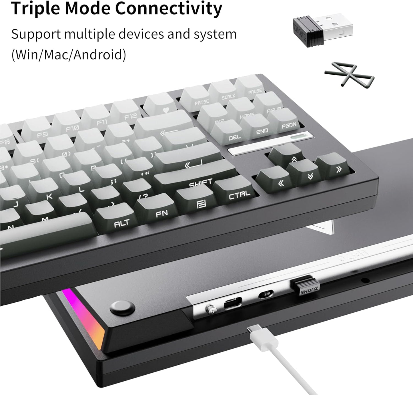 ZORNHER ZH870 Wireless Mechanical Gaming Keyboard,80% Green Custom Creamy Sound Keyboard with Shine Through PBT Keycaps,Pre-lubed Linear Switches,Hot-Swappable,RGB Backlit,2.4GHz/USB-C/BT5.0