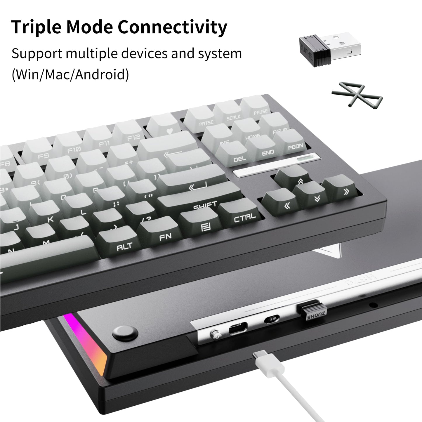 ZORNHER ZH870 Wireless Mechanical Gaming Keyboard,80% Black Custom Creamy Sound Keyboard with Shine Through PBT Keycaps,Pre-lubed Linear Switches,Hot-Swappable,RGB Backlit,2.4GHz/USB-C/BT5.0