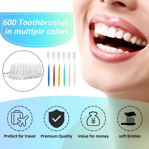 Honeydak 600 Pcs Individually Wrapped Toothbrush Set Medium Soft Bristle Toothbrushes Bulk Packed Disposable Tooth Brush Travel Manual Toothbrush for Hotels Travel Adults Guest, 6 Colors