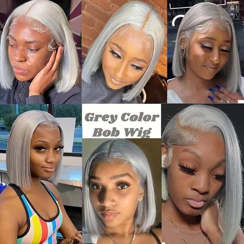 Silver Grey 13x4 Lace Front Bob Wig Brazilian Virgin Human Hair Wig Pre Plucked Hairline with Baby Hair UHD Transparent Lace Natural Looking Glueless Wear and Go Gray Wigs for Women 14 Inch