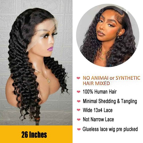 Deep Wave Lace Front Wigs Human Hair 180% Density Curly Lace Front Wig Human Hair 13x4 HD Transparent Glueless Lace Frontal Wigs Pre Plucked Natural Black 28 Inch
