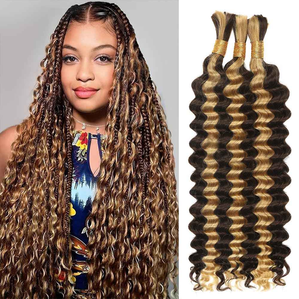 Human Braiding Hair for Boho Braids,150g 20 inch 3 Bundles Highlight Deep Water Wave Bulk Boho Curly Human Hair Bundle for Braiding,4/27 Honey Blonde No Weft Wet and Wavy braiding Hair Extensions