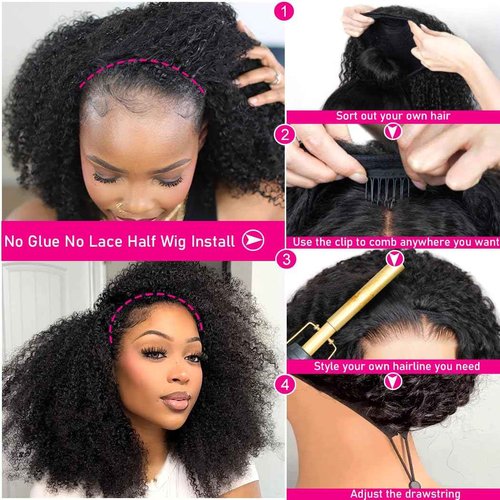 Glueless Half Wigs Human Hair Kinky-Curly Headband Wig Upgrade 3 In 1 Half Wig with Drawstring Seamless Clip Ins Flip Over 200 Density Curly Human Hair Wig For Black Women 16 Inch