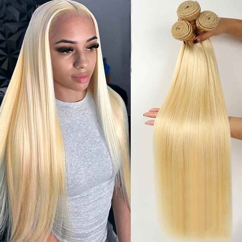613 Blonde Bundles Human Hair Straight Hair 3 Bundles Human Hair 12A Unprocessed Brazilian Virgin Hair Weave Extensions 11oz/Pak(Do200%-300% Density Wig)16 18 20Inch