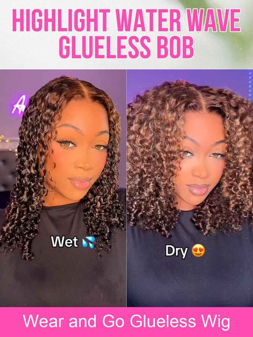 Highlight Blonde Wear and Go Glueless Wigs Human Hair Pre Plucked Pre Cut, 5x7 OQ Hair Glueless Wigs 4/27 Water Wave Short Curly Bob Wig Human Hair for Women 4/27 Color 16Inch