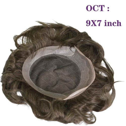 Voloria Men's Hairpiece European Human Hair Toupee 9x7inch Swiss Lace Skin PU Back Hair Replacement Wig 4# Medium Brown Color