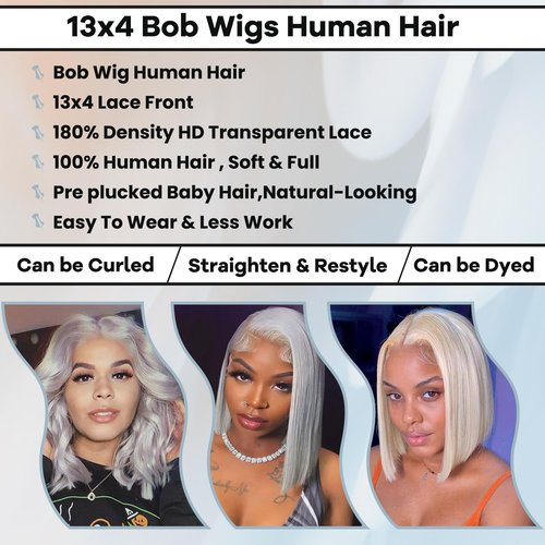Blonlier Grey Bob Human Hair Wigs 13x4 HD 180% Density Lace Front Wig Human Hair Silver Glueless Wigs Human Hair （14in）
