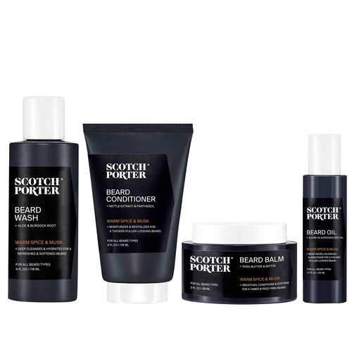 Scotch Porter Beard Kit – Cleanse, Moisturize, Soothe & Style Coarse, Dry Facial Hair for a Fuller/Healthier-Looking Beard – Includes Wash, Conditioner, Oil & Balm