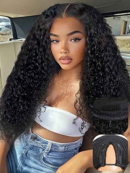 UNICE InvisiBlend V Part Wig Water Wave Mixed Curly Seamless Blending Human Hair Glueless Wig with Drawstring Minimal Leave Out Upgrade U Part Wig Beginner Friendly 150% Density 16 Inch