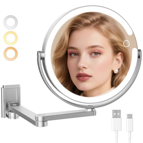 FRANO Wall Mounted Makeup Mirror with Lights, 8-inch 20X/1X Magnifying Mirror, Rechargeable LED Vanity Mirror with 3 Color Lights, 360° Swivel & Extendable Arm