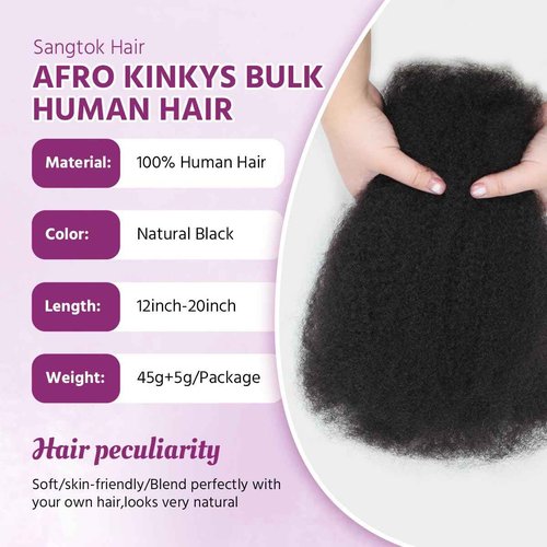 Sangtok Afro Kinky-Curly Human Hair Bulk for Twists, 18 Inch 50g Bulk Hair for Dreadlock Extensions Repair Locs Braiding, 100% 4C Human Bundles Hair(Black)