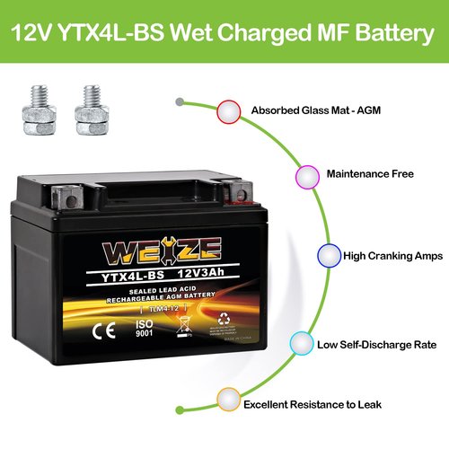 Weize YTX4L-BS High Performance-Rechargeable-Sealed Motorcycle Battery Compatible With Polaris Scrambler, Sportsman 90, Honda Scooters NQ50 Spree,Kawasaki 110 Can-Am DS70,Yamaha TTR125E/LE