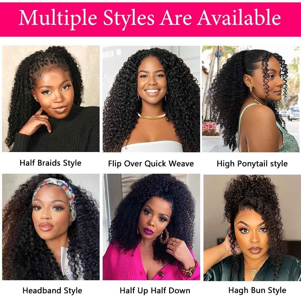 Larhali Kinky Curly Half Wig Human Hair 180% Density Wear And Go Glueless Wigs Human Hair 20 Inch Curly 3 In 1 Half Wigs for Women Drawstring Seamless Flip Headband Wig Beginner Friendly