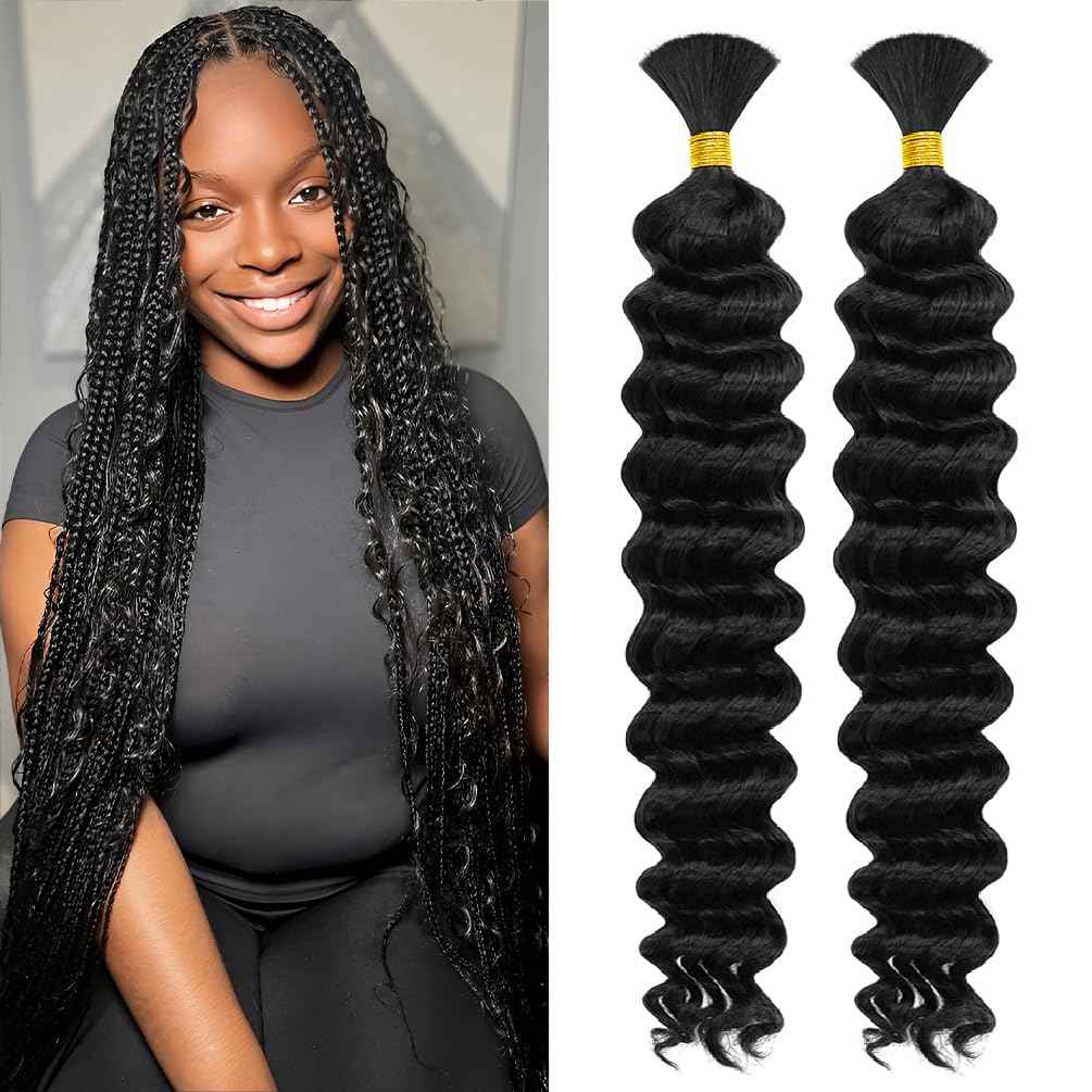 Human Braiding Hair for Boho Knotless Braids 2 Bundle 24 Inches 120g Deep Wave 10A Brazilian Virgin Human Bohemian Hair for Braiding Natural Black 1B