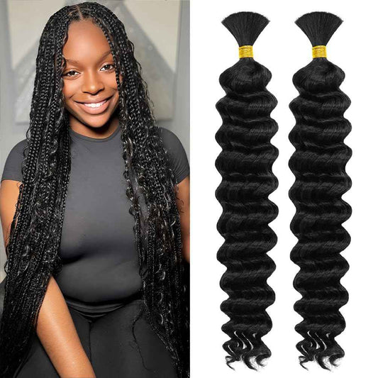 Human Braiding Hair for Boho Knotless Braids 2 Bundle 24 Inches 120g Deep Wave 10A Brazilian Virgin Human Bohemian Hair for Braiding Natural Black 1B