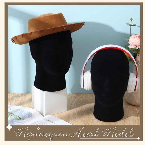 Barydat 4 Pcs Black Mannequin Head Stand Model Male Wigs Display Model Velvet Foam Mask Display Stand Headsets Mount Manikin Head or Wig Hat Glasses
