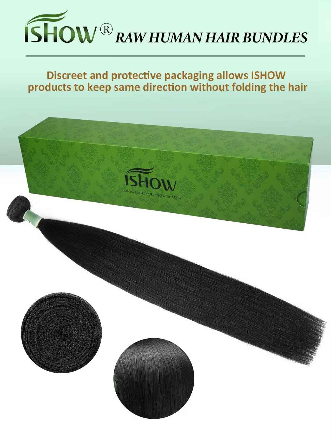 ISHOW Raw Human Hair Bundles, 100% Unprocessed Virgin Human Hair, 15A Straight Premium Quality Bundles Producer, 16 Inch Single Bundle, Long Lasting, Color 1B