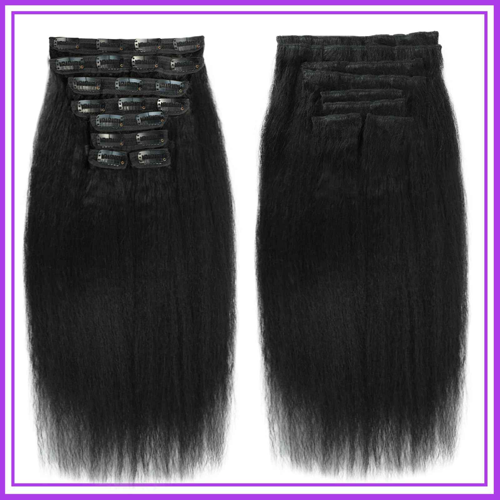 16 Inch Kinky Straight Clip ins 8Pcs 110g Clip in Hair Extensions Real Human Hair Yaki Straight Clipins for Black Women Full Head Brazilian Remy Hair Extensions Double Weft 20 Clips
