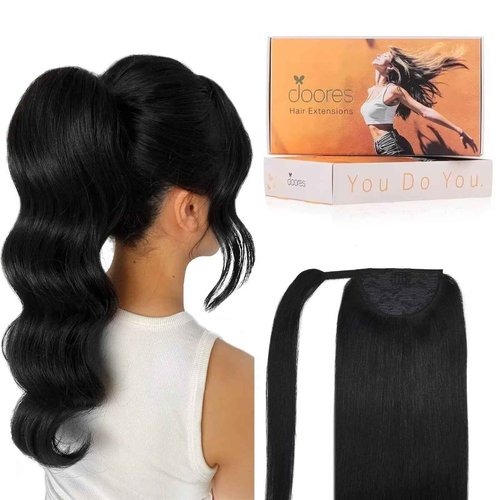 DOORES Hair Extensions Clip in Human Hair Ponytail Extension Jet Black 20 Inch 90g Ponytail Extension Real Human Hair Wrap Around Hair Extensions with Magic Paste Silky Long Straight