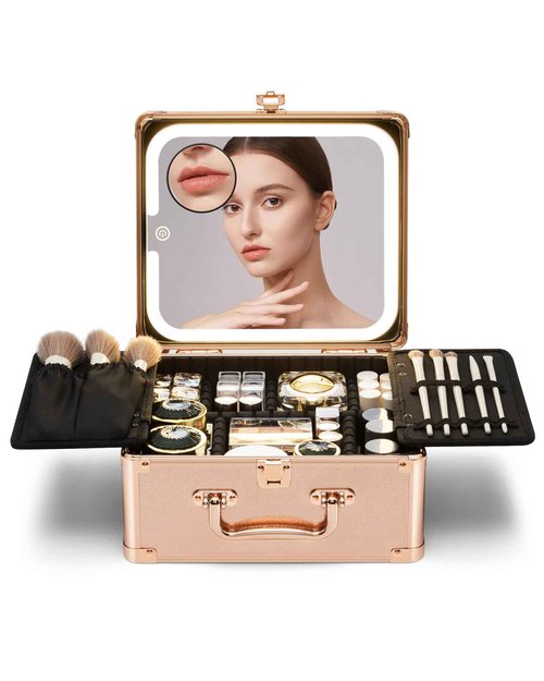 Yooaye Makeup Box with Detachable Lighted Mirror–Travel Train Case, Cosmetic/Storage Organizer & Makeup Suitcase with Adjustable Dividers & Magnetic LED Mirror (Rose Gold)