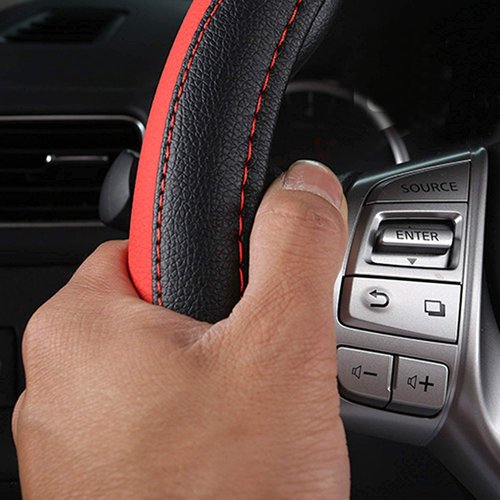 Leather Car Steering Wheel Cover, Non-Slip Car Wheel Cover Protector Breathable Microfiber Leather Universal Fit for Most Cars (Black & Red)