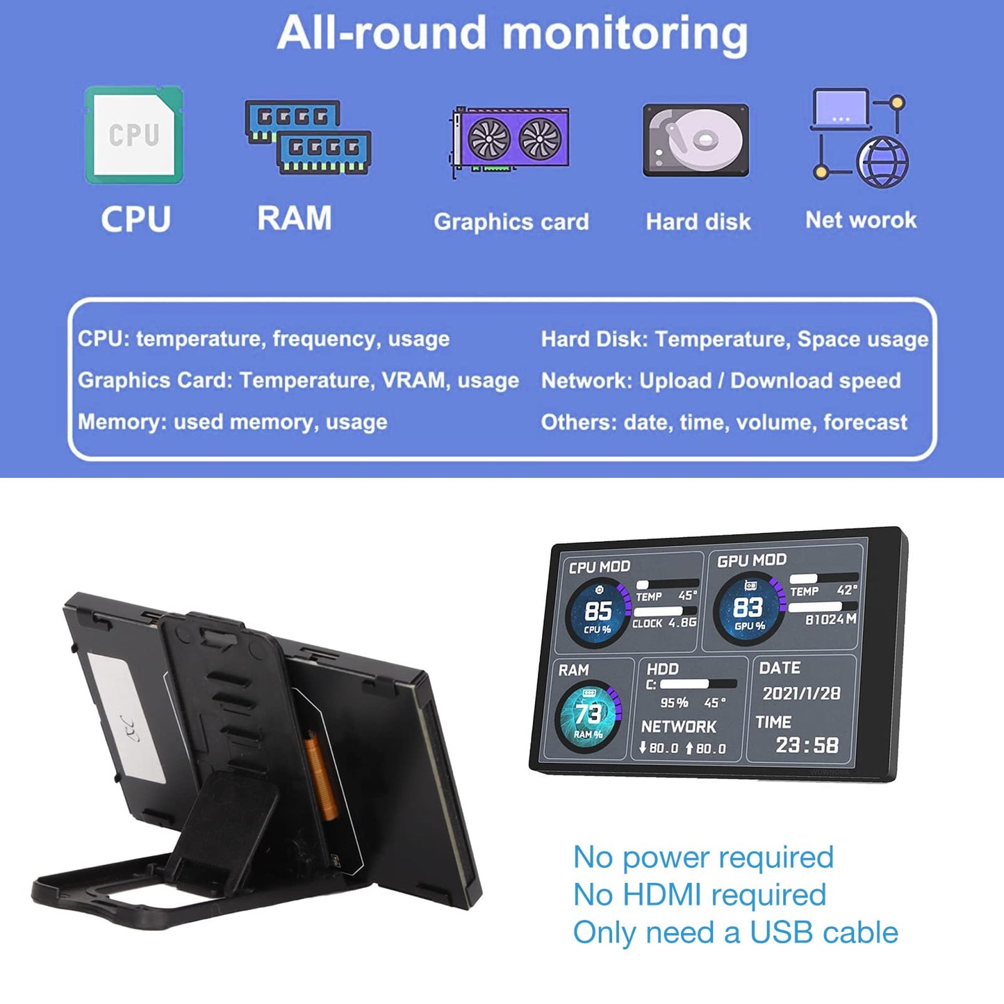 3.5in pc case screen, IPS USB Mini Screen, PC Temperature Display AIDA64 PC CPU Data Monitor Sensor Panel Monitor,PC Computer Temp