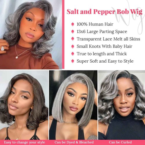 Salt and Pepper Bob Wigs 16 Inch Human Hair Straight White Grey 13x6 HD Transparent HD Lace Frontal Bob Wig Pre Cut Glueless Wigs for Women Bleacked Knots with Baby Hair Ombre Grey 180% Density