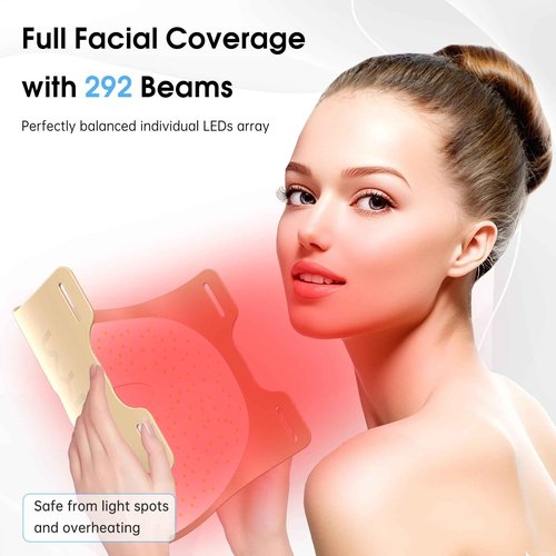 Infrared Light Therapy Mask: Portable Remote High-Energy Skincare Device, 292 LEDs Professional Infrared Red Light Therapy for Face, Red Light Mask Gift Pack - Golden