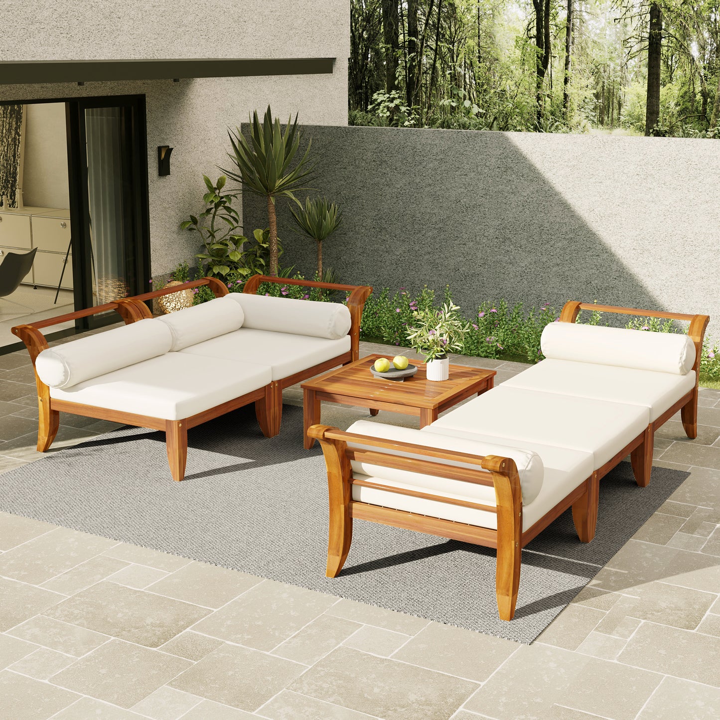 6 Piece Acacia Wood Patio Sofa Set - L-Shaped Modular Outdoor Seating with Cushions, Teak Beige
