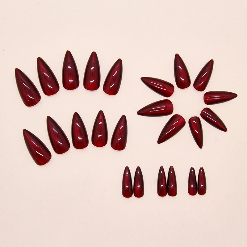 Red Cat Eye Nail Patches - Almond Removable Nail Art Kit for Ladies
