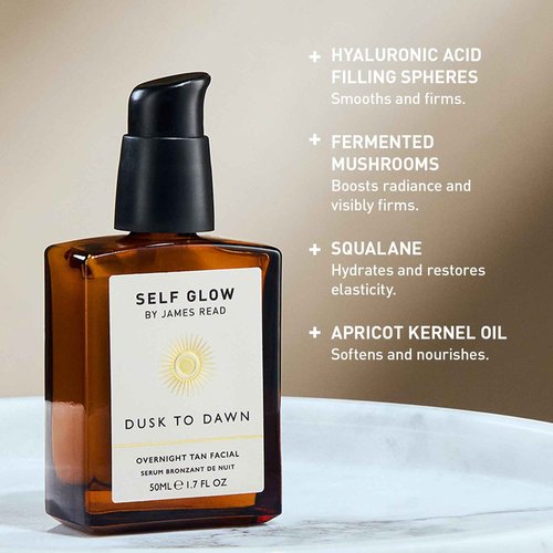 Self Glow by James Read - Dusk to Dawn Overnight Tan Facial Serum | Hydrate, Smooth + Plump | Aloe, Vitamin E + Plant-Based DHA | Stain-, Silicone- + Drying Alcohol-Free (50mL | 1.7 fl oz)