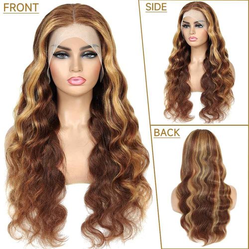 YUNXING Ombre Lace Front Wig Human Hair Highlight 13X4 Lace Front Wigs Human Hair Pre Plucked 200% Density Honey Blonde 4/27 Colored Wigs for Women 26 Inch