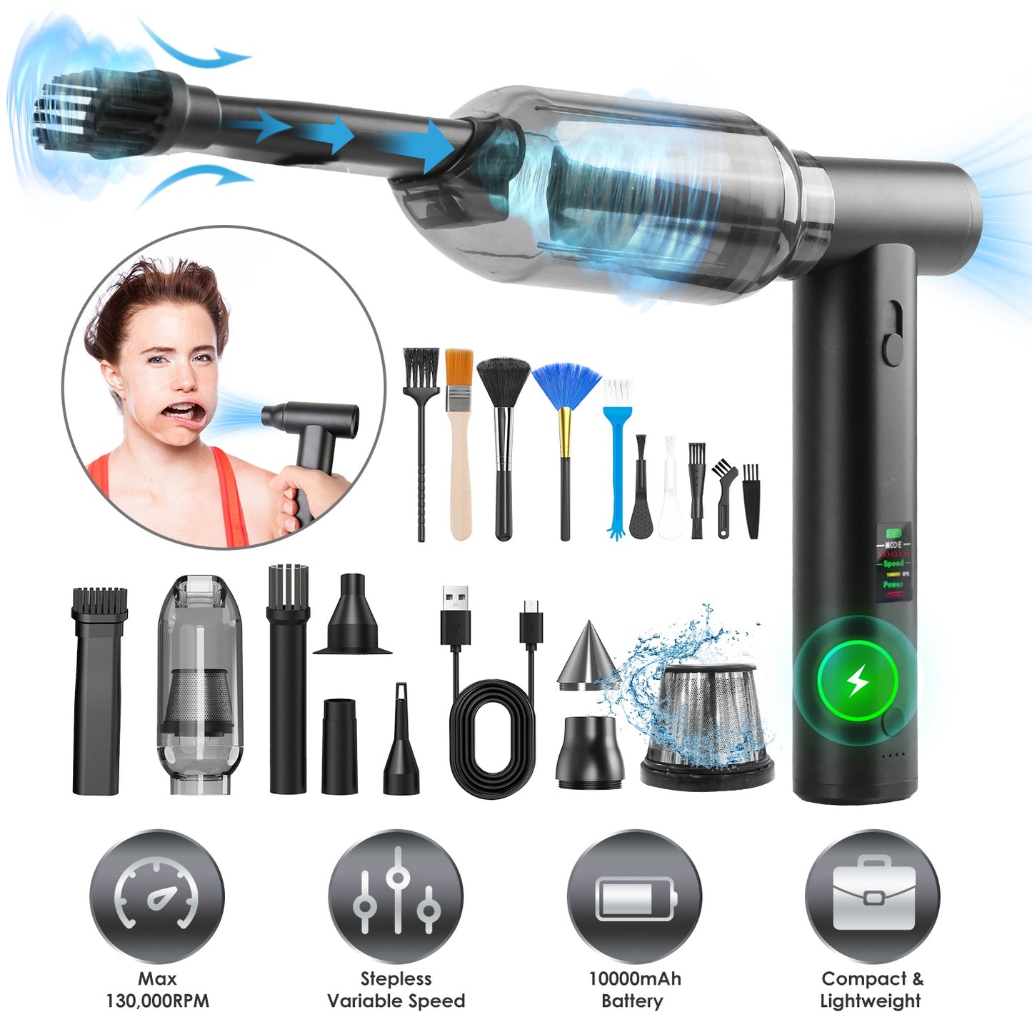 Pro Compressed Air Duster & Vacuum Cleaner 130,000RPM Cordless Blower with 19 Accessories