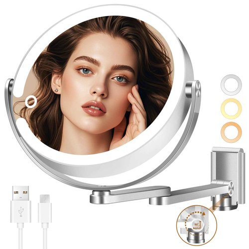 MOMOKUBA Wall Mounted Makeup Mirror, Magnifying Mirror with Light 20X/1X Double-Sided, Height Adjustable, 3 Lighted Modes, Aluminum Alloy Small Wall Mirror, Moisture & Corrosion Resistant Bathroom Use