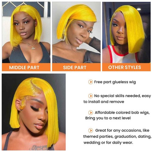 Licoville Yellow Bob Lace Front Wigs Human Hair 12 Inch Silky Straight Yellow Bob Wig 13x4 HD Frontal Lace Wig Pre Plucked Wear and Go Glueless Shor Bob Wigs Human Hair180% Density