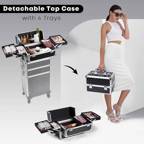 Yueieoun Rolling Makeup Train Case, 4-in-1 Cosmetology Case on Wheels, Nail Tech Cart for Travel, Professional Cosmetic Vanity Case, Suitcase for MUA/Manicure/Tattoo/Style, Lockable Storage Box, Black