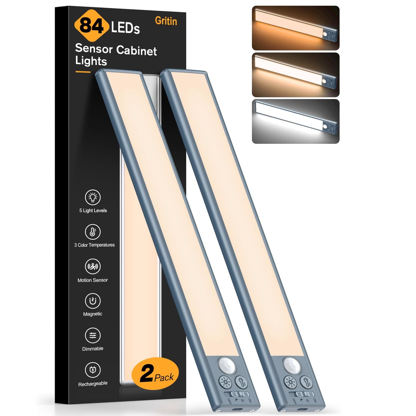 Gritin 10.2inch Under Cabinet Lighting Rechargeable -84 LED Super Bright,3-Color& 5 Level Brightness,4 Modes,Motion Sensor, Long Lasting- Easy Installation Magnetic Closet Lights -2 Pack-Sea Blue