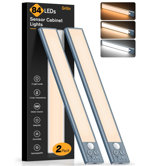 Gritin 10.2inch Under Cabinet Lighting Rechargeable -84 LED Super Bright,3-Color& 5 Level Brightness,4 Modes,Motion Sensor, Long Lasting- Easy Installation Magnetic Closet Lights -2 Pack-Sea Blue