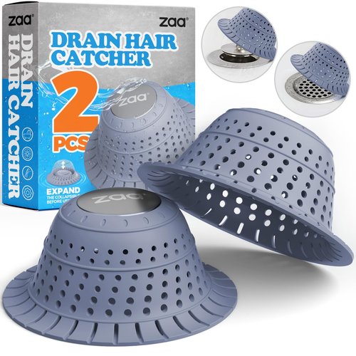zaa Bathtub Drain Hair Catcher, Premium Silicone Collapsible 2 Pack Drain Protector for Pop-Up & Regular Drains of Shower, Bathtub, Tub, Bathroom, Sink, Blue
