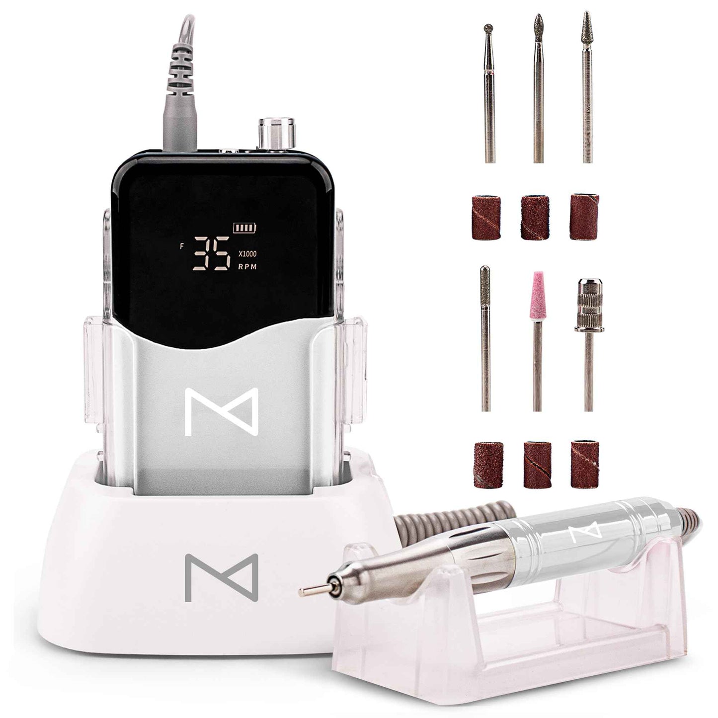 M Mase- Professional Nail Drill Machine - Coreless 2-in-1 Nail File - Electric, Cordless, 35000 RPM, HD Display - Electric Nail Drill for Professional & Home Use (White)
