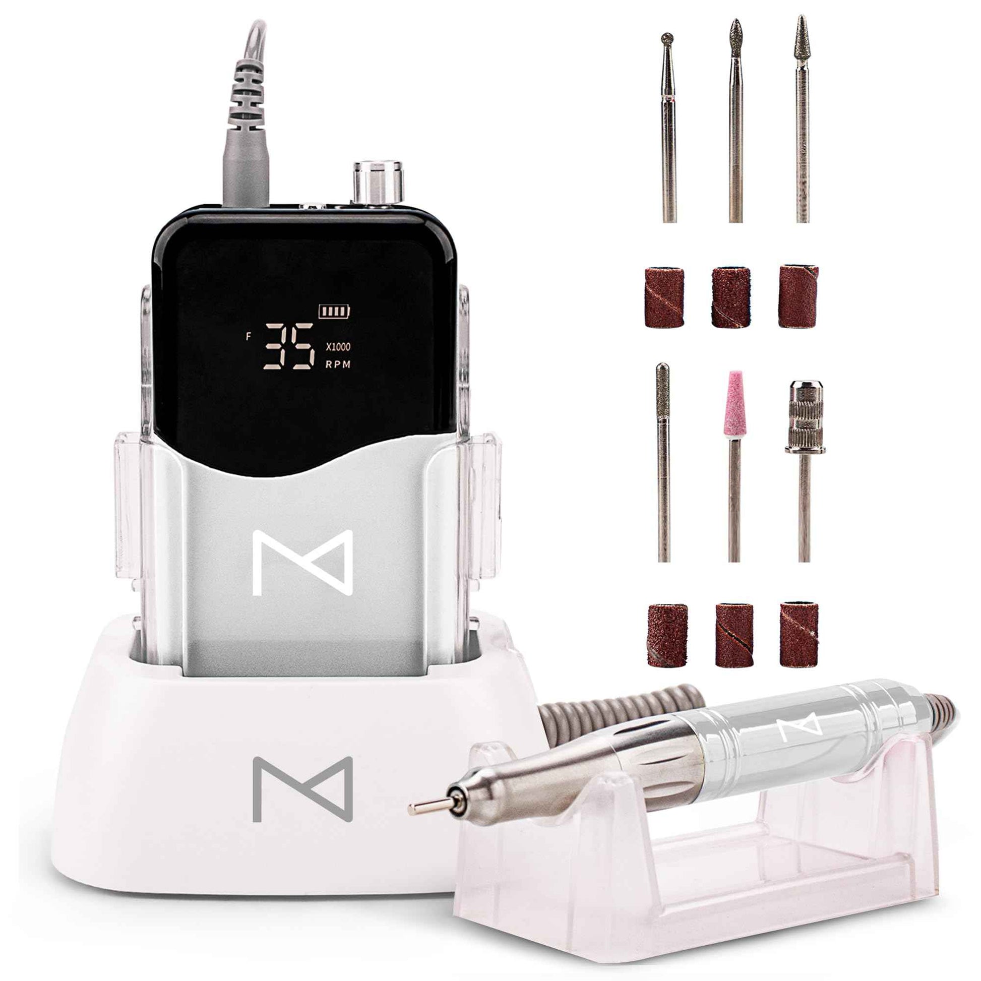 M Mase- Professional Nail Drill Machine - Coreless 2-in-1 Nail File - Electric, Cordless, 35000 RPM, HD Display - Electric Nail Drill for Professional & Home Use (White)