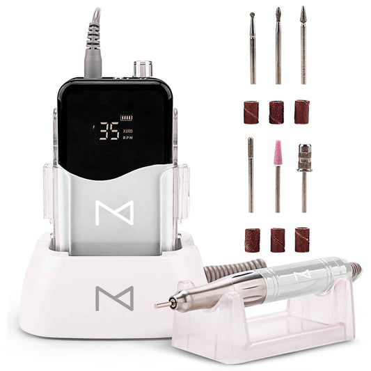 M Mase- Professional Nail Drill Machine - Coreless 2-in-1 Nail File - Electric, Cordless, 35000 RPM, HD Display - Electric Nail Drill for Professional & Home Use (White)