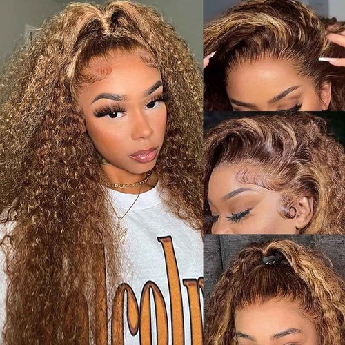 Sherico Ombre Lace Front Wigs Human Hair for Women,13x6 Transparent Deep Wave Lace Front Wig 4/27 Highlight Blonde Hair Wet and Wavy Curly Glueless Wig Pre Plucked with Baby Hairs 180% Density
