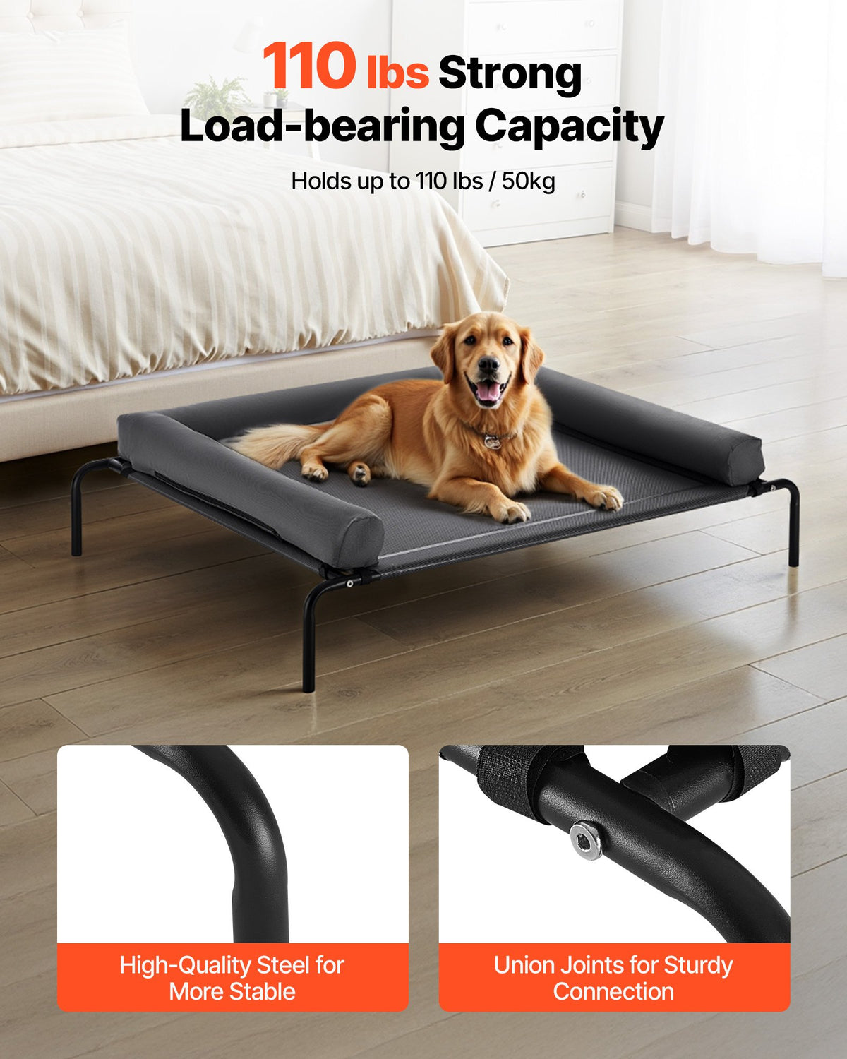 Large Elevated Dog Bed with Pillow - Portable Raised Pet Cot in Gray, XL