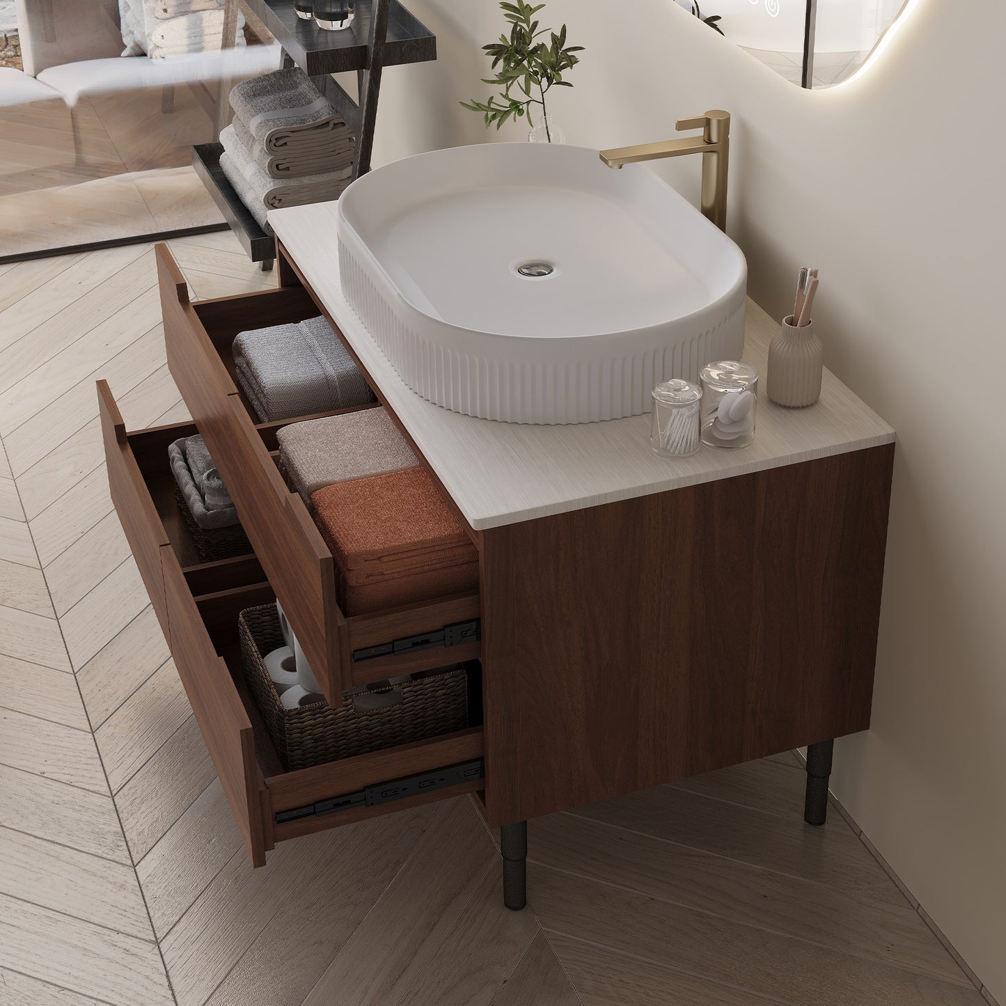 36 Inch Bathroom Vanity with Ceramic Sink & Soft-Close Drawers - Walnut/White