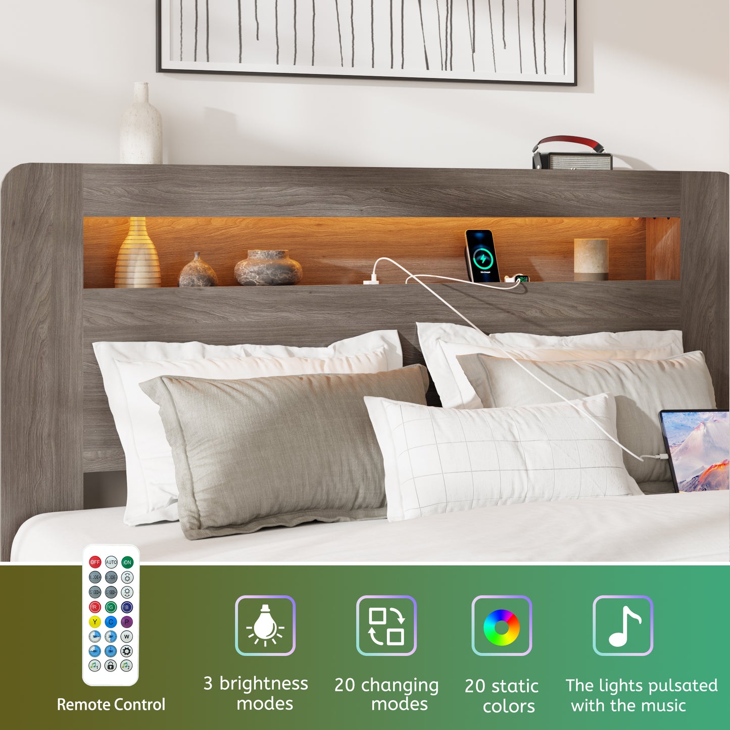 Queen Wood Bed Frame with LED Headboard, USB Ports & Storage