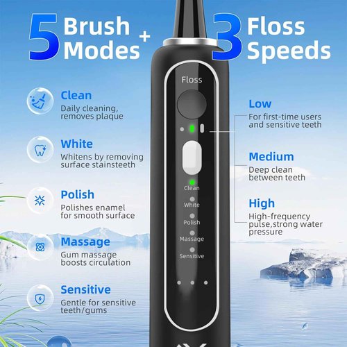 Alfelix Professional Flossing Electric Toothbrush with Water Flosser, 2 in 1 Toothbrush and Water Flosser Combo, Sonic Electric Toothbrush Cordless Flossing Brush (Black)