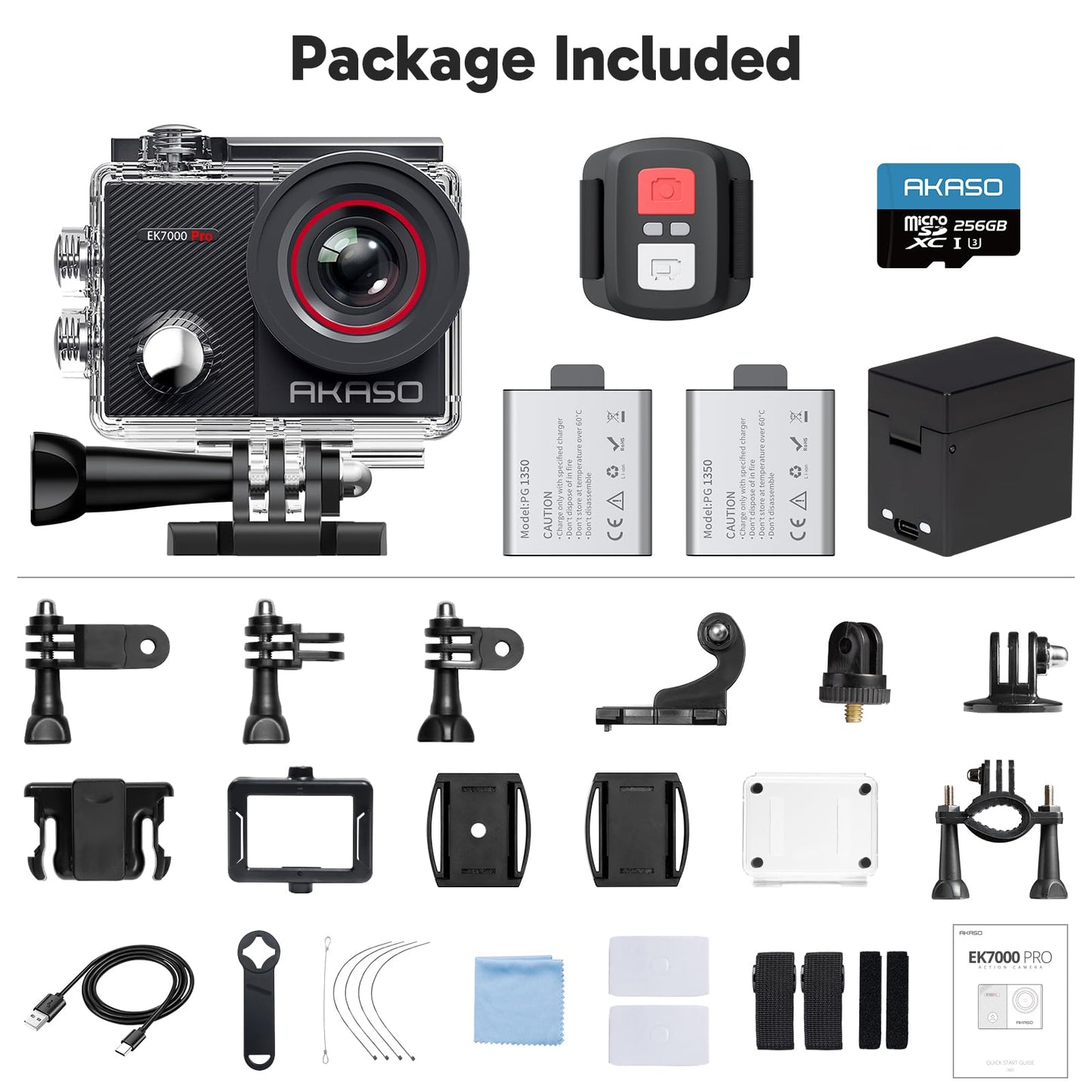 AKASO EK7000 Pro 4K30fps Action Camera with 256GB MicroSDXC U3 Card Accessories Kit Bundle, 20MP Ultra HD 131ft Waterproof Underwater Camera EIS WiFi Remote Control 5X Zoom Sport Cameras