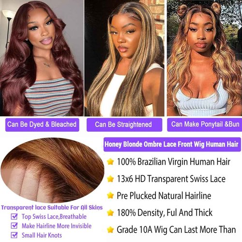 Smabuity Honey Blonde Ombre Lace Front Wig Human Hair Highlight 13X6 Body Wave Lace Front Wigs Human Hair Pre Plucked 180 Density 4/27 Glueless HD Lace Frontal Wig for Women 24 Inch