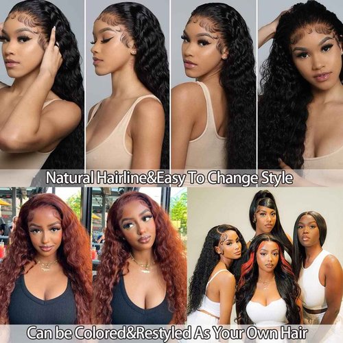 SYHGK 13x6 Deep Wave Lace Front Wigs Human Hair Wigs HD Transparent Deep Curly Lace Frontal Glueless Wigs Human Hair Lace Front Wigs Pre Plucked 200% Density Natural Black 24 Inch